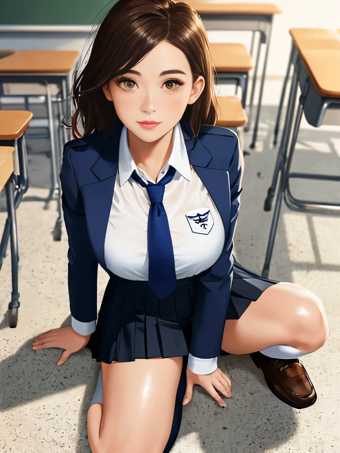 Professional Female Photography, masterpiece, big, 1 woman, glowing skin, Temptation, from above, (forehead), (laborious: 1.3), blur background, Photo of a 20-year-old woman, white see through panties, (White seethrough panties), panty shot, (spread your legs), skirt, , Sock, dark brown hair, blurred background, kneehighs, white wet shirt, hard nipples, loafers, realistic, Lips, brown eyes, Black Sock, tie, Dark blue pleated skirt, byway, brown shoes, top quality, ultra detail, school classroom, angle from below, shiny skin, glowing skin, Sweating on the thighs, Long eyes, mature and beautiful face, fascinating eyes, Thigh lifting, backlight, Navy Blue Blazer Uniform(With patches), bend at the waist, М legs,