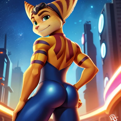 Ratchet and clank ratchet, lombax, male, gay, handsome, slim twink body, thick plump butt, toned butt, round plump buttcheeks, sexy gay ass, solo, standing upright, skin tight bodysuit, tight wedgie