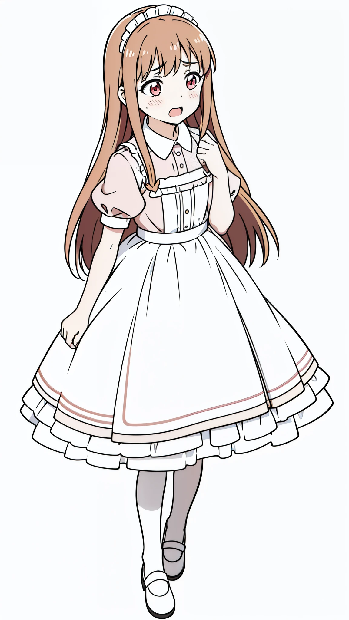 (1girl,8 years old,small,kid),caramel hair,long hair,maid outfit,holding a tray of food,sad,blush,open mouth,(white background,line drawing),walking,((dynamic angle))