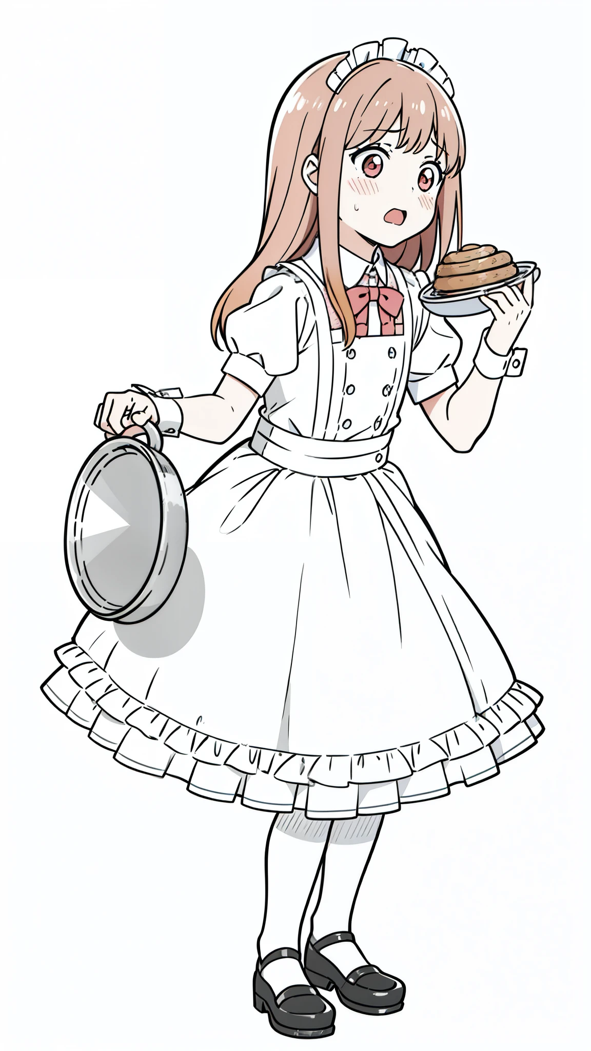 (1girl,8 years old,small,???),caramel hair,long hair,maid outfit,holding a tray of food,sad,blush,open mouth,(white background,line drawing),walking,((dynamic angle))
