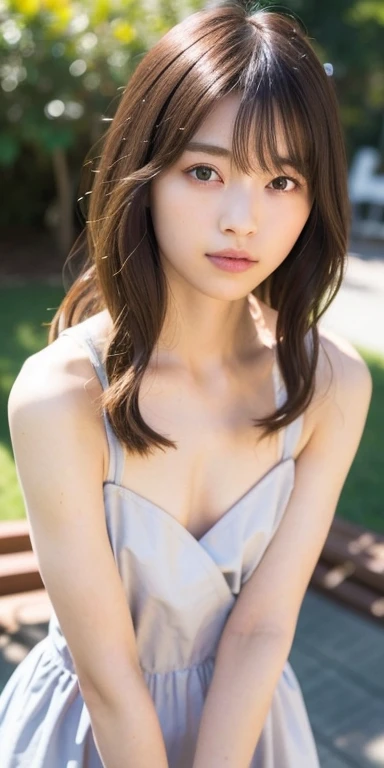 (RAW Photos, highest quality), (Realistic, Photorealistic:1.3), Tabletop, Very delicate and beautiful, Soft Light, (Brown Hair, Long wavy hair swaying in the wind, Asymmetrical bangs), Beautiful detailed girl, (Detailed fingers), Highly detailed eyes and face, Beautifully detailed nose, Beautiful fine details, 1 girl, Japanese, Pure beauty, cute, young, smile, Naked beautiful girl、Small breasts、Flat Chest、Small nipples、Beautiful nipples、Small areola、Heterochromia iridis、Realistic face, Realistic body, Outdoor