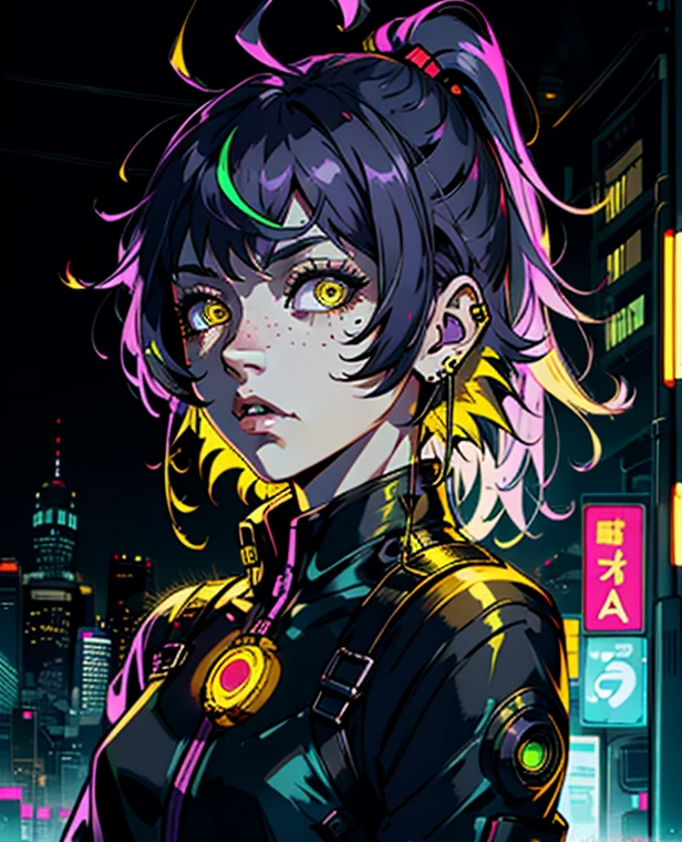 1girl,solo,colorful,yellow eyes,cyberpunk,city,peace sign,earrings,purple hair,eye patche,freckles,prothesis,mechanic,neon,beautiful lighting,purple reflection,cap,smoking,character focus,cg illustration,bust shot,yellow and black outfit,black hair,