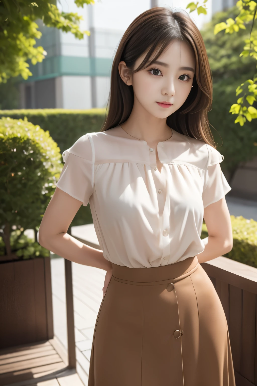 Woman standing with her arms behind her back、Your wrists are aligned correctly、Beauty、Wearing a short-sleeved blouse、Wearing a long skirt、Wearing pumps、Medium build、Well-proportioned、Small face、Small breasts、 UHD, best quality, highres, 8k, textured skin