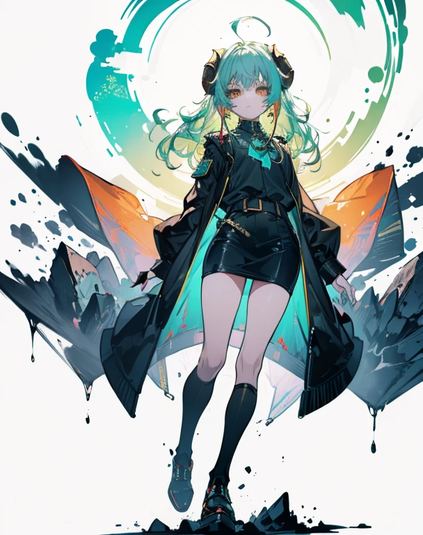 ((live 2D)) masterpiece, 1girl, full body, stands straight, steampunk clothes, military clothing, looking at viewer, detailed face, girl with green wavy hair, bangs, metal sheep horns, gradient hair, multicolored hair, light green hair, turquoise hair tips, wavy hair, gradient eyes, orange eyes, (simple background, white background: 1.3), big ass, thick ass, thick body