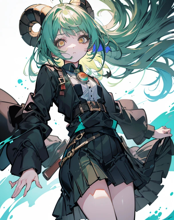 ((live 2D)) masterpiece, 1girl, full body, stands straight, steampunk clothes, military clothing, looking at viewer, detailed face, girl with green wavy hair, bangs, metal sheep horns, gradient hair, multicolored hair, light green hair, turquoise hair tips, wavy hair, gradient eyes, orange eyes, (simple background, white background: 1.3), big ass, thick ass, thick body
