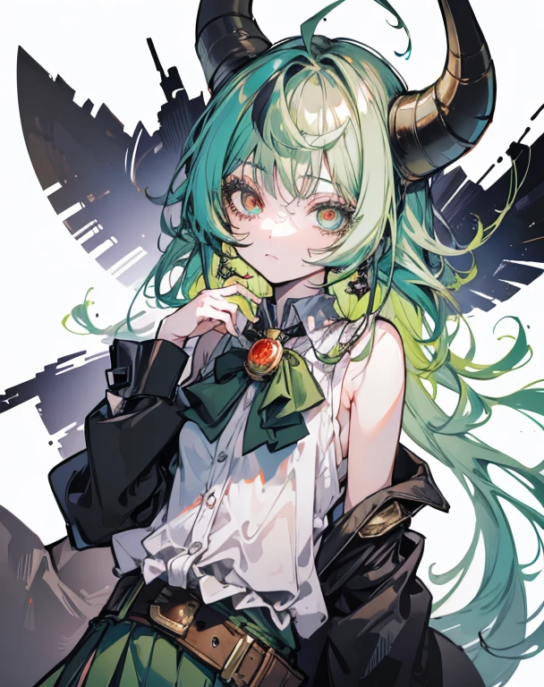 ((live 2D)) masterpiece, 1girl, full body, stands straight, steampunk clothes, military clothing, looking at viewer, detailed face, girl with green wavy hair, bangs, metal sheep horns, gradient hair, multicolored hair, light green hair, turquoise hair tips, wavy hair, gradient eyes, orange eyes, (simple background, white background: 1.3), big ass, thick ass, thick body
