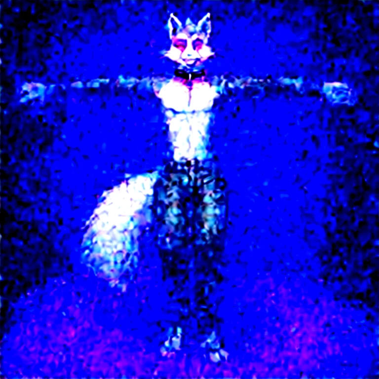 Helluva boss style, solo, (male gray wolf), anthro, red eyes, white fur, full body, ((squatting on bed)), arms up, smile, clenched teeth, open pants, using a gray latex suit, and a black techno collar, hypnotized with glowing purple eyes without iris or pupils, tongue out, full body image