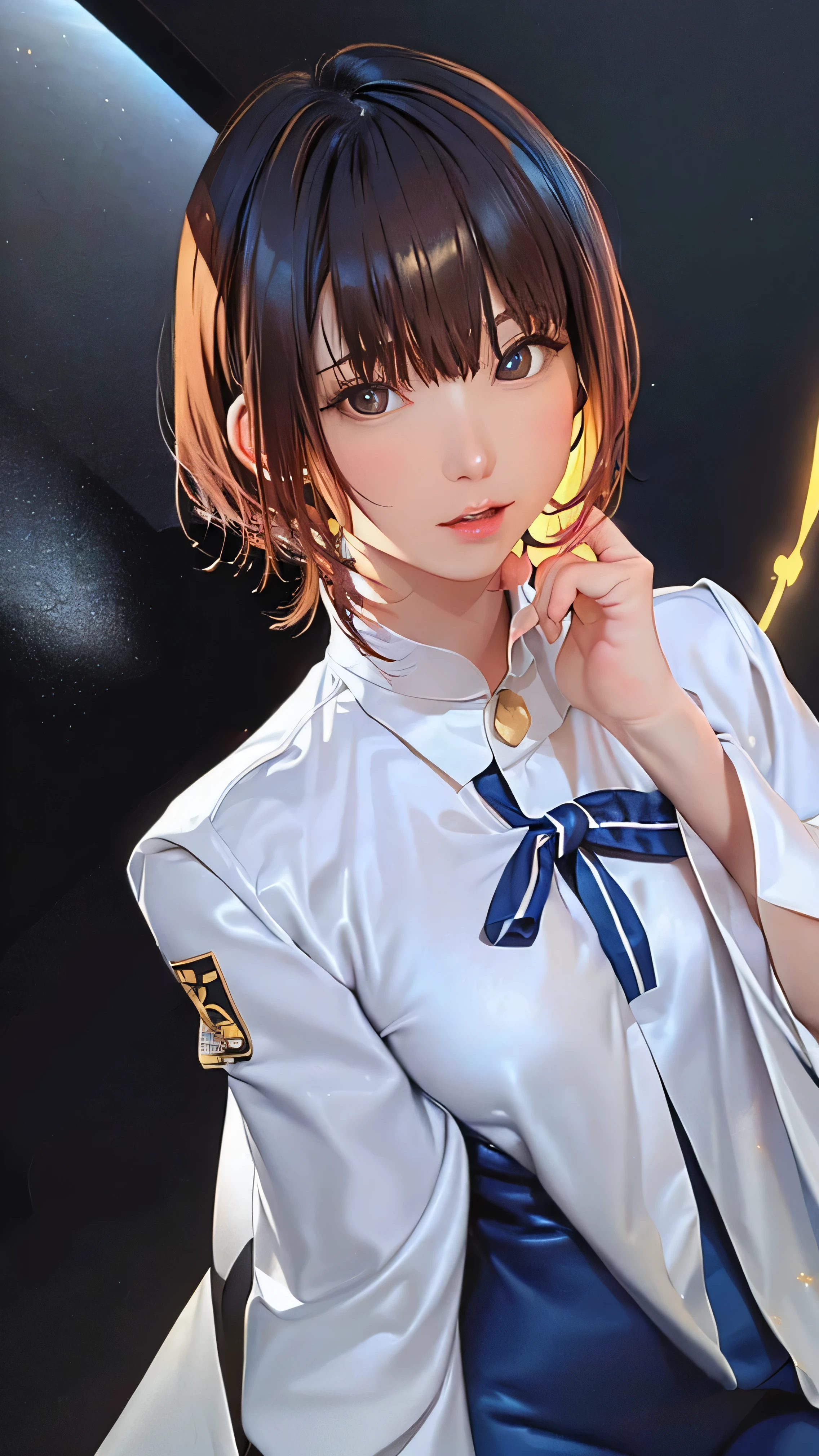 (masterpiece、highest quality、High resolution、Official Art、Beautiful and aesthetic:1.2)、(8k:1.4)、(One Girl)、Very detailed:1.4、highest quality、。.3D、(Photorealistic:1.4)、Realistic、colorful、Highest detail、Perfect Face、Upper body、Hmph、(prayer:1.3)、(White cloak, golden lines:1.2)、Milky Way、(Streaks of Light)、Impressive visuals、(Dynamic stripes、Bright orbit:1.2)、Bright colors、Pixie Cut