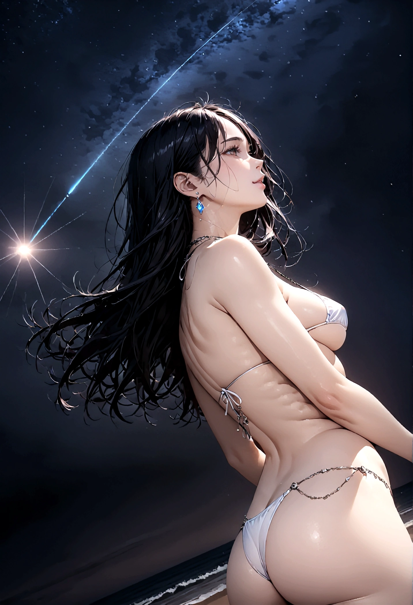 8k, masterpiece, RAW Photos, highest quality, Realistic, Very detailed, Depth of written boundary, Cinematic Light, Anatomically correct body,
One beautiful 40 year old woman, Very beautiful face, Exquisitely detailed face, (A calm and gentle face:1.4), Very delicate skin texture, Transparent muscle, Shiny white skin, Glamorous Body,
(Wavy black long hair:1.2), Sexy Breasts, Sexy ass,
(White micro bikini:1.2), (Detailed cloth texture:1.2), (Gorgeous jewel-studded body chain accessories:1.3), (Gorgeous necklace:1.1), (Gorgeous earrings:1.1),
(Dark starry background:1.4), (Milky Way:1.1), (milky way:1.1), (shooting star:1.1), (Dark coastline at night:1.4), (Pitch black sea surface:1.4),
(Standing on the beach:1.2),
(Low angle shot:1.5),