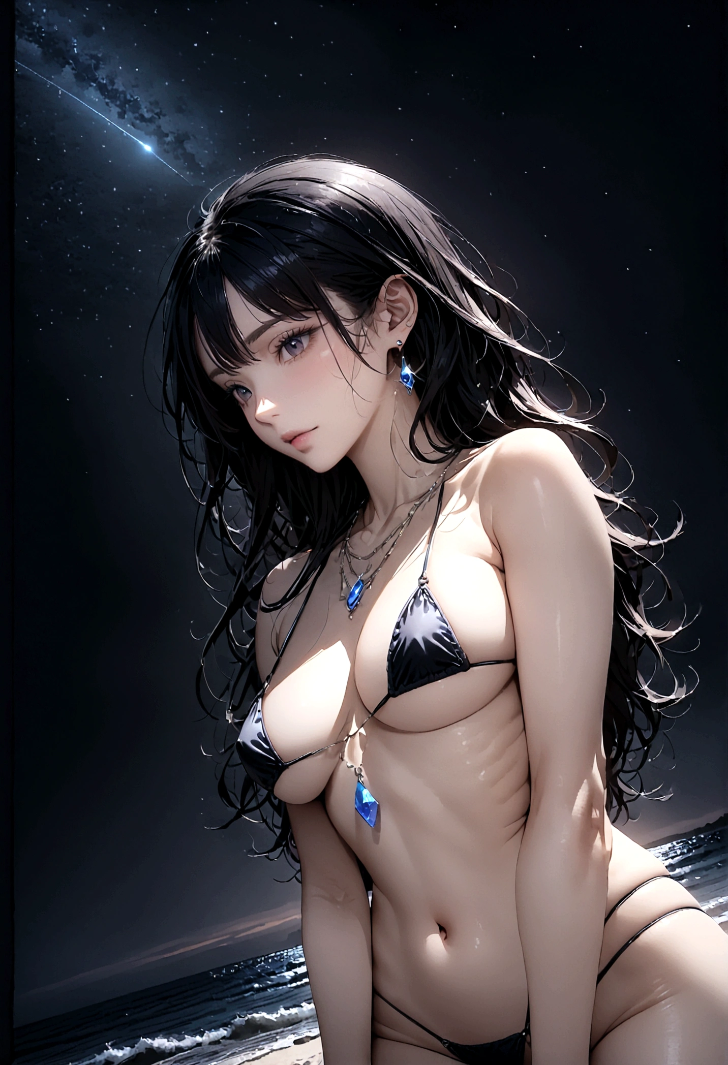8k, masterpiece, RAW Photos, highest quality, Realistic, Very detailed, Depth of written boundary, Cinematic Light, Anatomically correct body,
One beautiful 40 year old woman, Very beautiful face, Exquisitely detailed face, (A calm and gentle face:1.4), Very delicate skin texture, Transparent muscle, Shiny white skin, Glamorous Body,
(Wavy black long hair:1.2), Sexy Breasts, Sexy ass,
(White micro bikini:1.2), (Detailed cloth texture:1.2), (Gorgeous jewel-studded body chain accessories:1.3), (Gorgeous necklace:1.1), (Gorgeous earrings:1.1),
(Dark starry background:1.4), (Milky Way:1.1), (milky way:1.1), (shooting star:1.1), (Dark coastline at night:1.4), (Pitch black sea surface:1.4),
(Standing on the beach:1.2),
(Low angle shot:1.5),