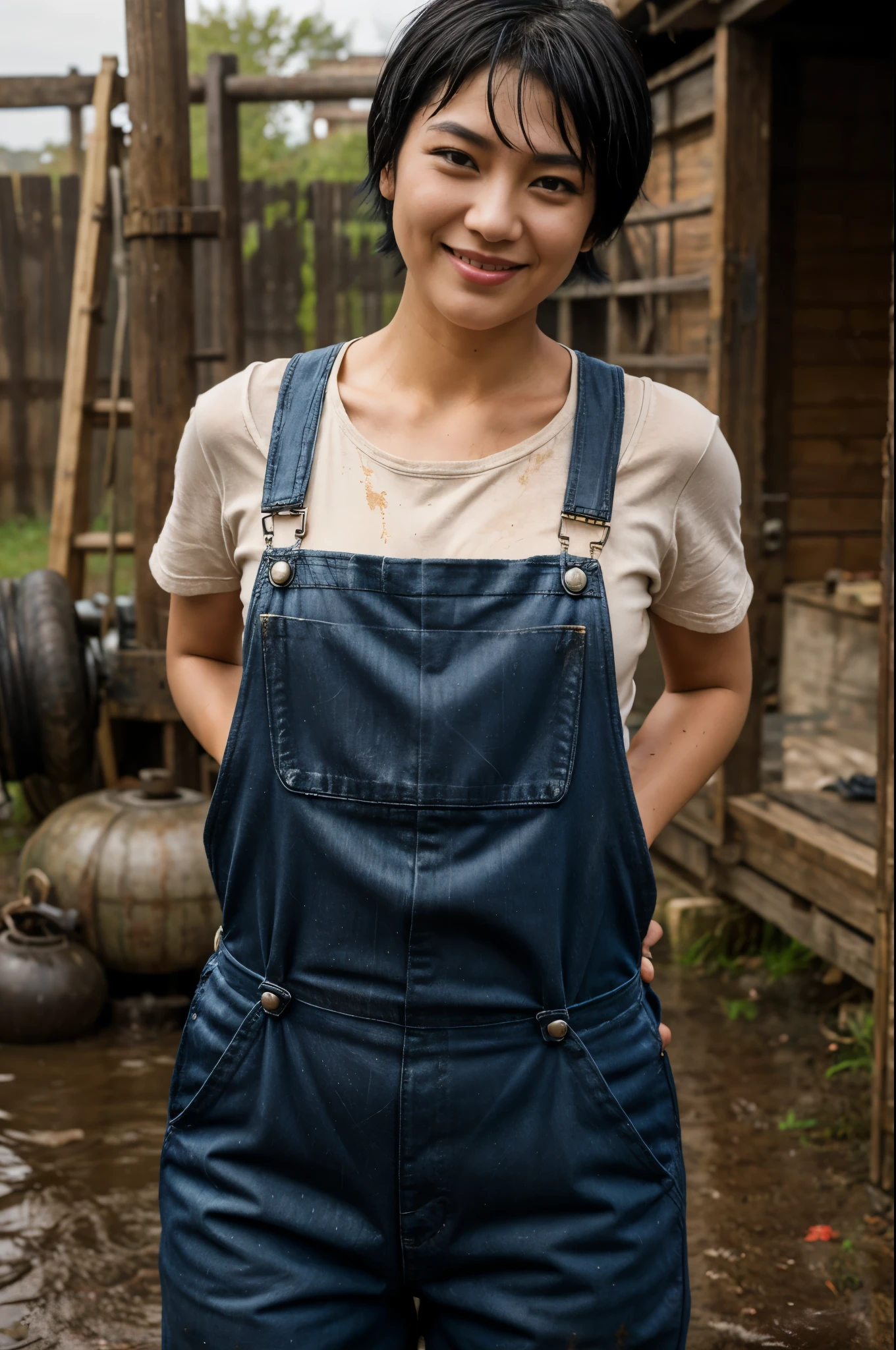 Female mechanic at work, oriental woman, short black hair, grimy clothes, greasy, oily, bent over, open overalls, cute smile, masterpiece, vivid, photorealistic, bare skin, muddy outdoors