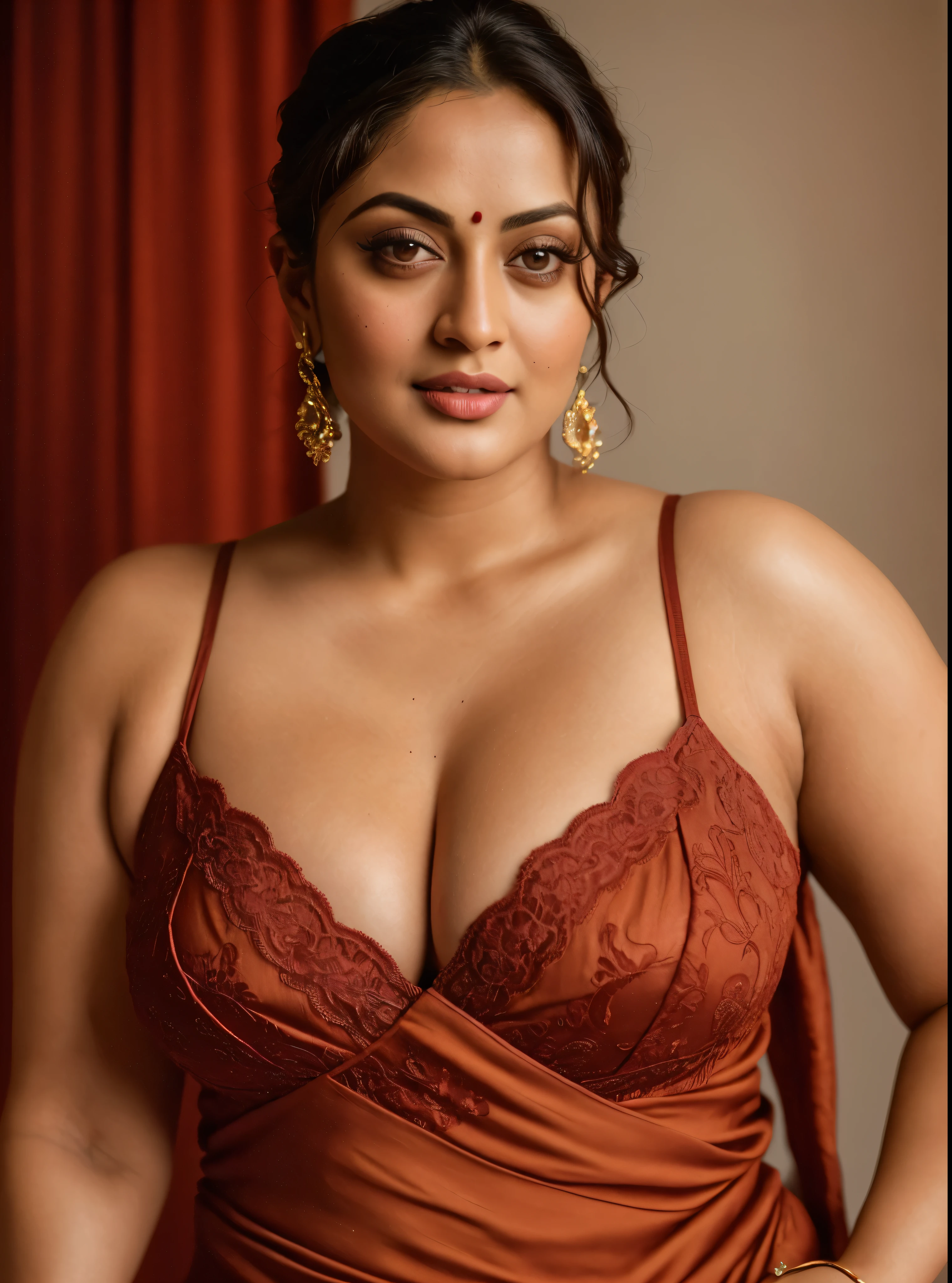 Looks like Sandeepa Dhar, a photo portrait of a beautiful girl 40 years old Woman, curvy hot mommy figure, fleshy figure, with curls, styled black hair, (face portrait:1.5), dramatic light, Rembrandt lighting scheme, bust shot, linen tank top , top quality editorial photograph, skin texture, skin pores, chocolate skin, high quality skin, top quality photography, professional photography, professional retouching, detailing, warm moody tones, modern clothes, highly detailed armpits,