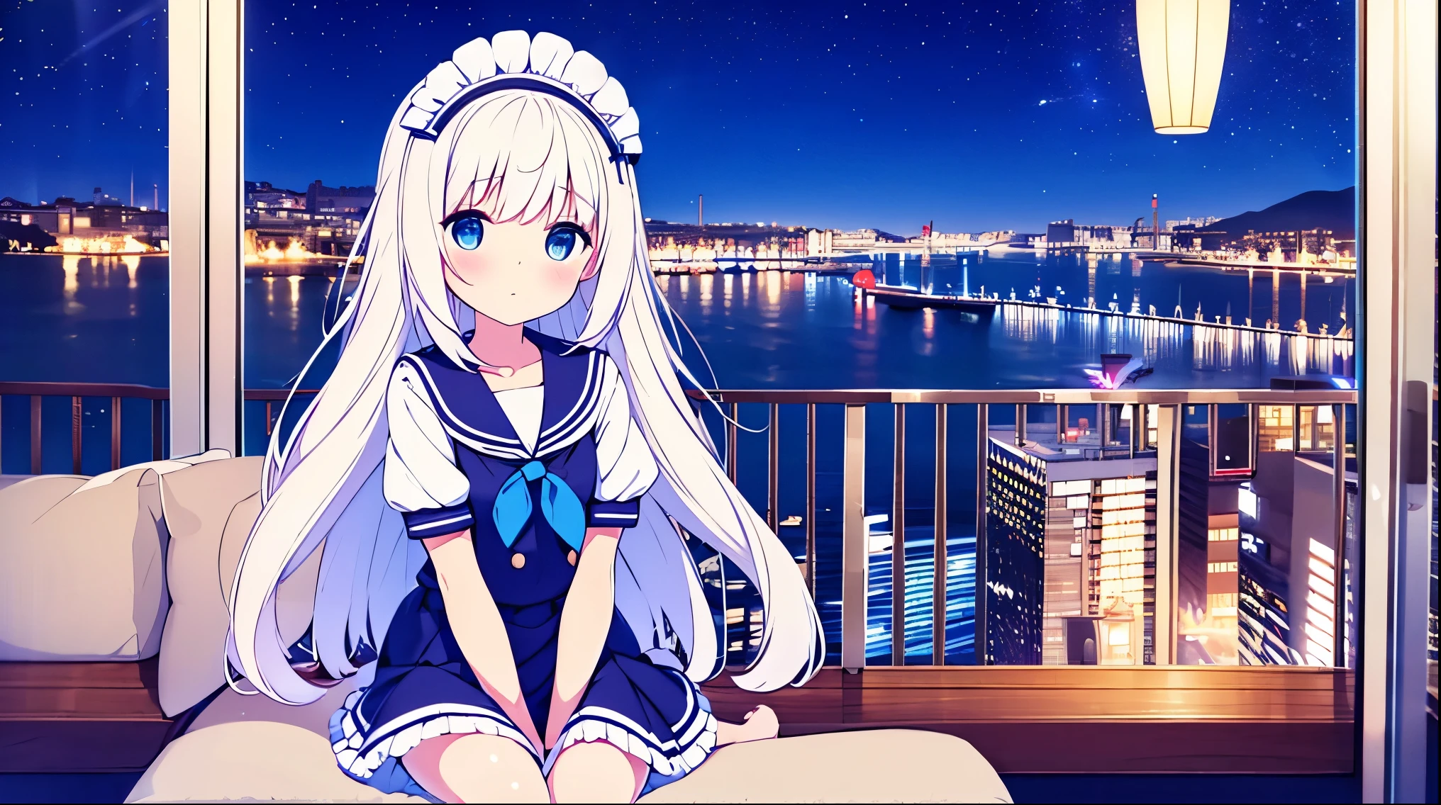 Vista nocturna de la ciudad portuaria y el cielo estrellado.、chica pelo blanco ojos azules Maid Navy Sailor short skirt Blue vertical rays azul y blanco、Sandalias para pies descalzos、The dress flips up to reveal Linda Ropa interior blanca、Linda ropa interior blanca
