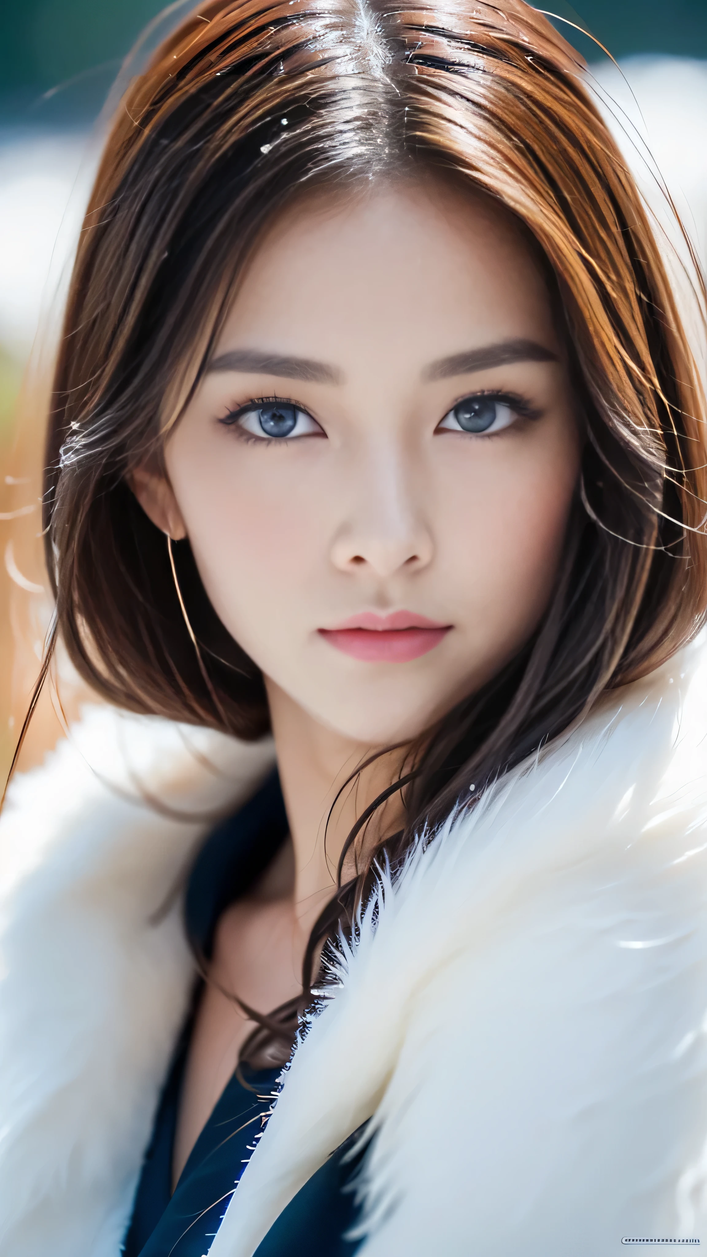 (highest quality, 8k, 32K,details are very clear),Realistic, High resolution, 1 Japanese Women, alone, (Lolita Costume),Gorgeous costumes,Facing the audience,(Upper Body,Upper limbs), Beautiful Eyes, brown hair, Ring-shaped eyes, (outside,Heavy snowfall,thick fur cape,Cover with snow),Snowfield,blue eyes,highest qualityのイラスト,Detailed facial features