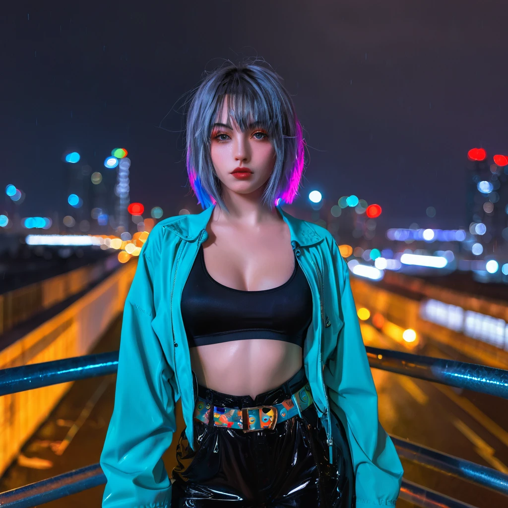 portrait, 1 girl, beautiful face, asymmetrical hair, multi-colored hair, belt, bodysuit, covered mouth, covered navel, detached sleeves, grey eyes, hip vent, open jacket, cute, look at viewer, night city, neon, rainy,