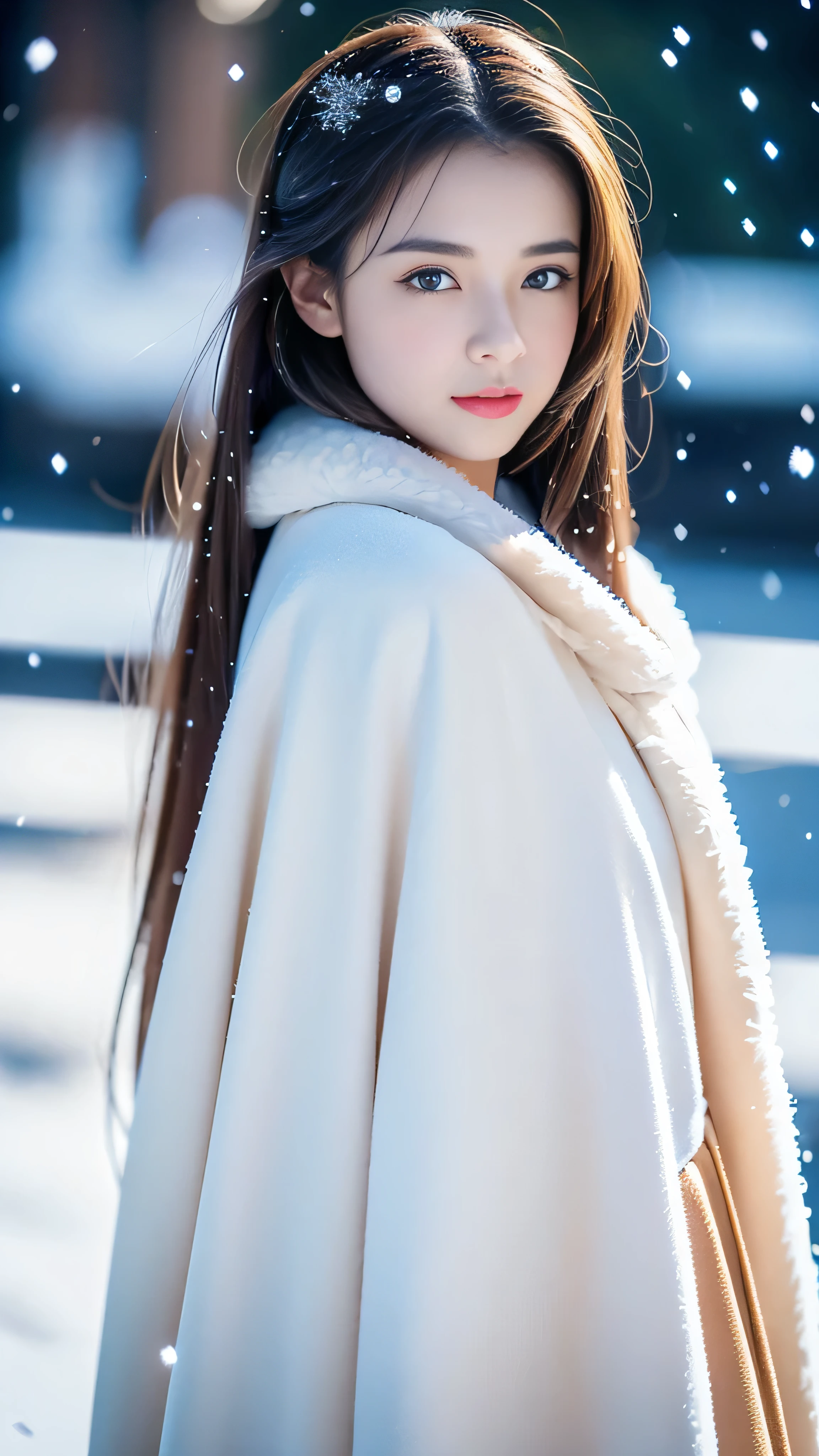 (highest quality, 8k, 32K,details are very clear),Realistic, High resolution, 1 Japanese Women, alone, (Lolita Costume),Gorgeous costumes,Facing the audience,(Upper Body,Upper limbs), Beautiful Eyes, brown hair, Ring-shaped eyes, (outside,Heavy snowfall,thick fur cape,Cover with snow),Snowfield,blue eyes,highest qualityのイラスト,Detailed facial features
