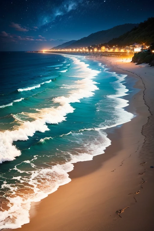 a beautiful beach, ocean in the background, bright sky, night, magical lights, contour light