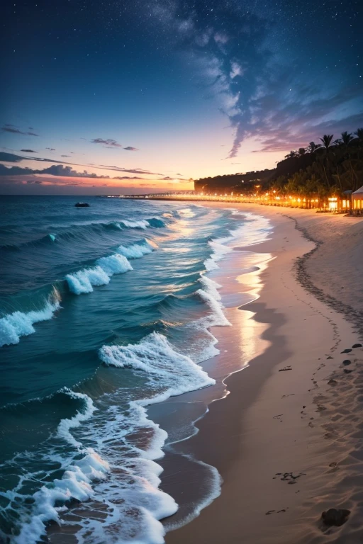 a beautiful beach, ocean in the background, bright sky, night, magical lights, contour light