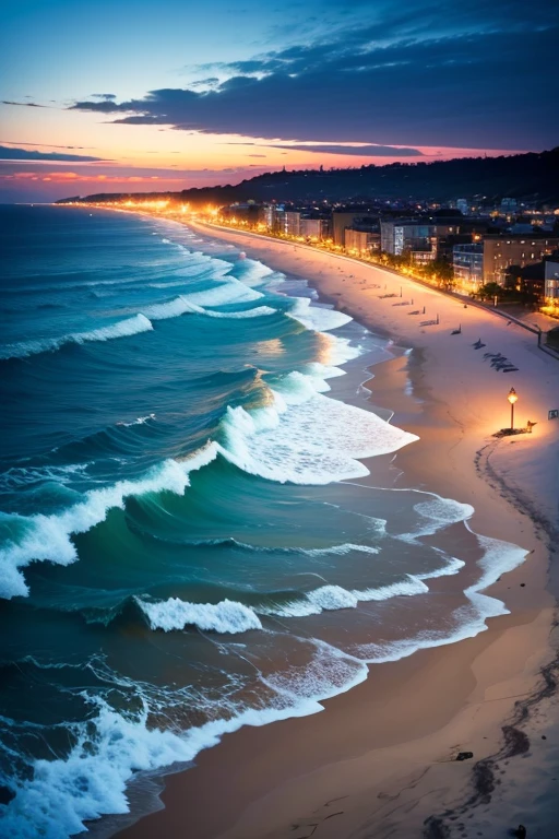 a beautiful beach, ocean in the background, bright sky, night, magical lights, contour light