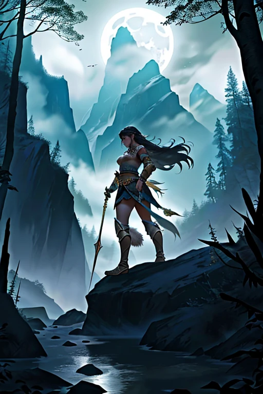 a barbarian warrior (cara detallada)con una (armadura de piel detallada y motivos de animales), que ahora lleva un (arco largo y poderoso colgado en su espalda). Sus rasgos faciales son fuertes y decididos, and his fierce look reflects his determination and bravery. (El cabello oscuro y salvaje cae en cascada sobre sus hombros), y sus (Fang and bone embellishments add an extra touch of ferocity to their appearance). La (guerrera de piel blanca como la nieve) destaca en contraste con el fondo oscuro de la noche. En el fondo, la (luna inmensa y brillante) illuminates the natural landscape with leafy trees and mountains, creating a mystical and fascinating atmosphere that frames the warrior in her untamed environment. The image conveys a feeling of power and connection with nature, destacando la fuerza y el coraje de la guerrera en medio de la noche.