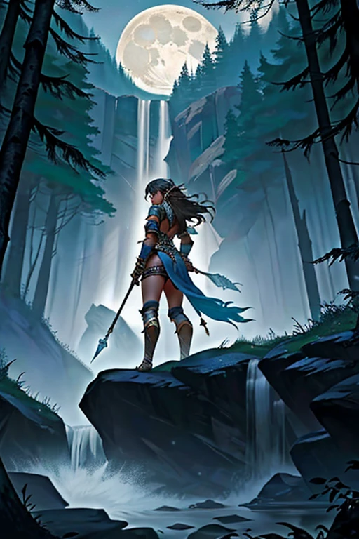 a barbarian warrior (cara detallada)con una (armadura de piel detallada y motivos de animales), que ahora lleva un (arco largo y poderoso colgado en su espalda). Sus rasgos faciales son fuertes y decididos, and his fierce look reflects his determination and bravery. (El cabello oscuro y salvaje cae en cascada sobre sus hombros), y sus (Fang and bone embellishments add an extra touch of ferocity to their appearance). La (guerrera de piel blanca como la nieve) destaca en contraste con el fondo oscuro de la noche. En el fondo, la (luna inmensa y brillante) illuminates the natural landscape with leafy trees and mountains, creating a mystical and fascinating atmosphere that frames the warrior in her untamed environment. The image conveys a feeling of power and connection with nature, destacando la fuerza y el coraje de la guerrera en medio de la noche.