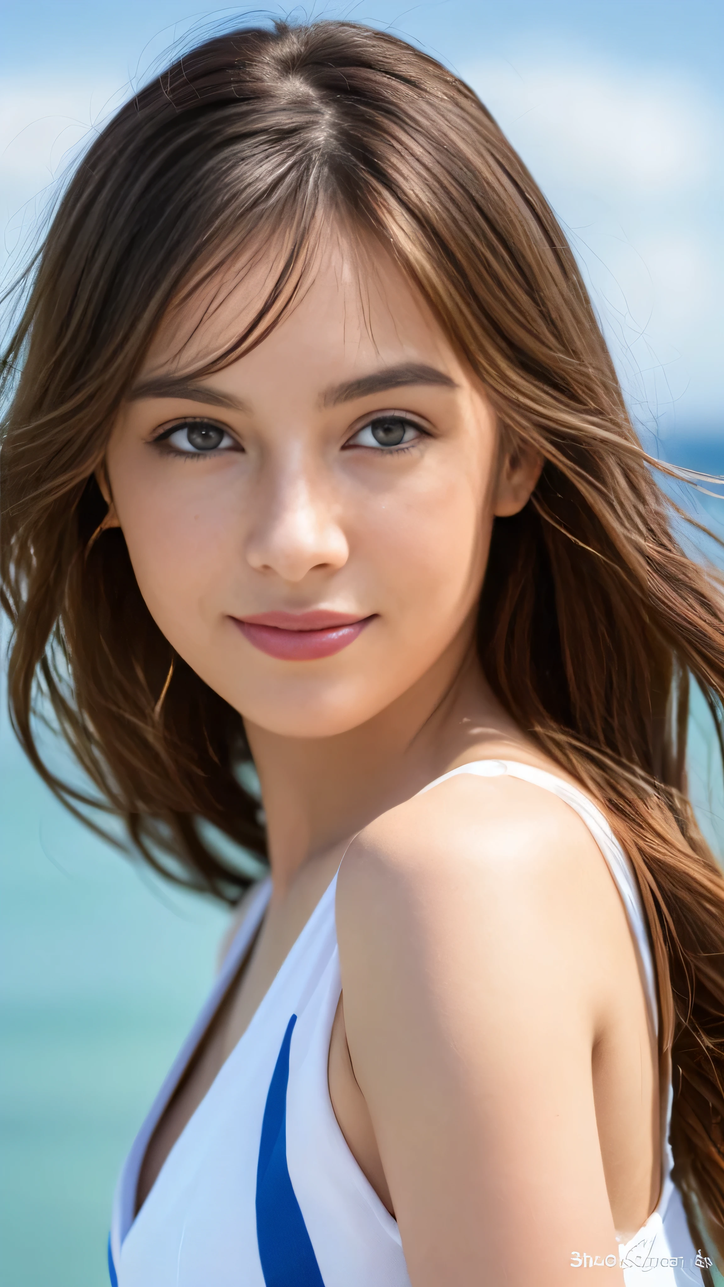 Masterpiece, Best quality, 8k, 18 ans, Photo brute, absurdes, Award-winning portrait, sourire, sourire, pure, french, laces, catalogue, happy smile, swimsuit
