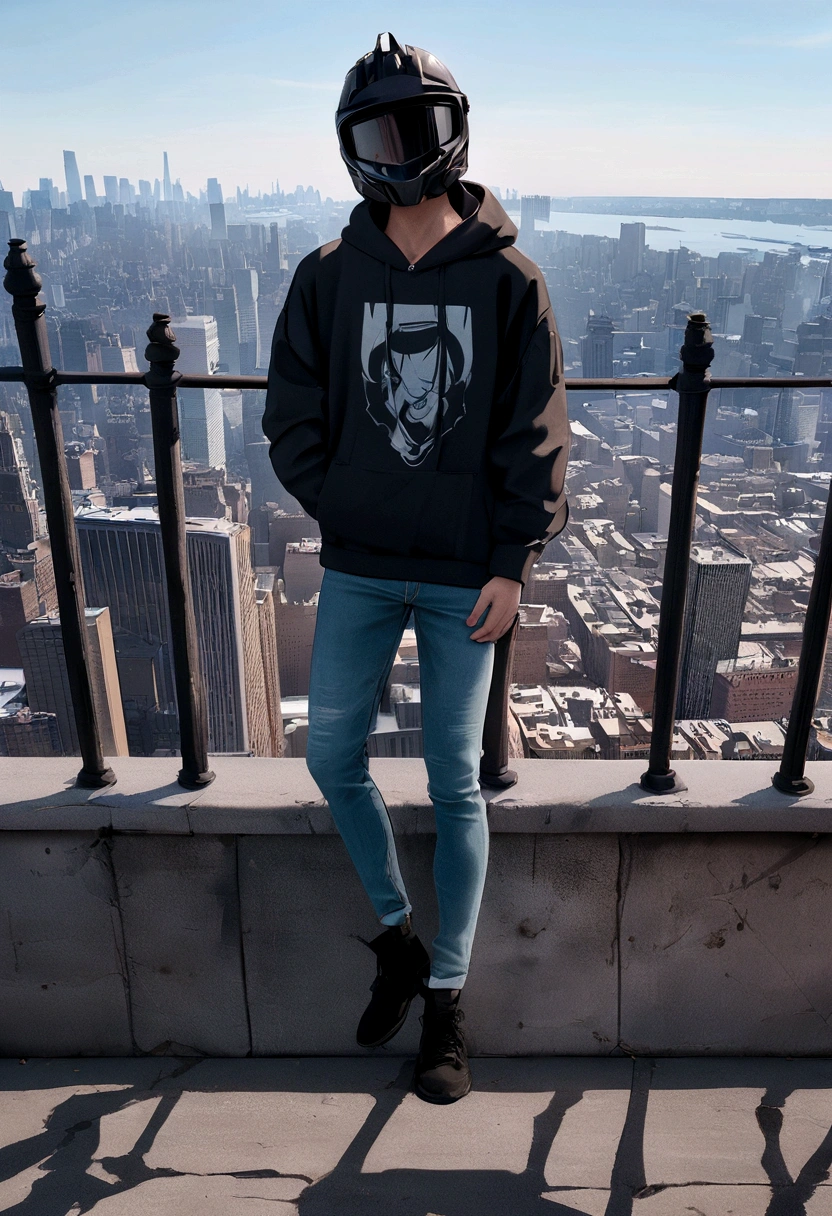 There is a man standing on the bridge wearing a helmet, Image inspired by Edmond Ammann Jean, Trending on Instagram, happening, The city in the background, with a The city in the background, Wear jeans and a black hoodie, in the middle of new york, in New York, Style of Jordan Grimmer, The city in the background, new york city, in New York city