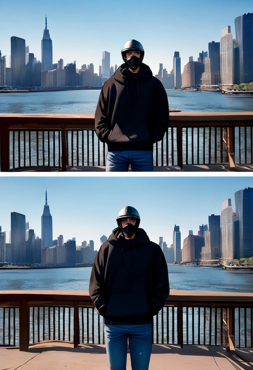There is a man standing on the bridge wearing a helmet, Image inspired by Edmond Ammann Jean, Trending on Instagram, happening, The city in the background, with a The city in the background, Wear jeans and a black hoodie, in the middle of new york, in New York, Style of Jordan Grimmer, The city in the background, new york city, in New York city