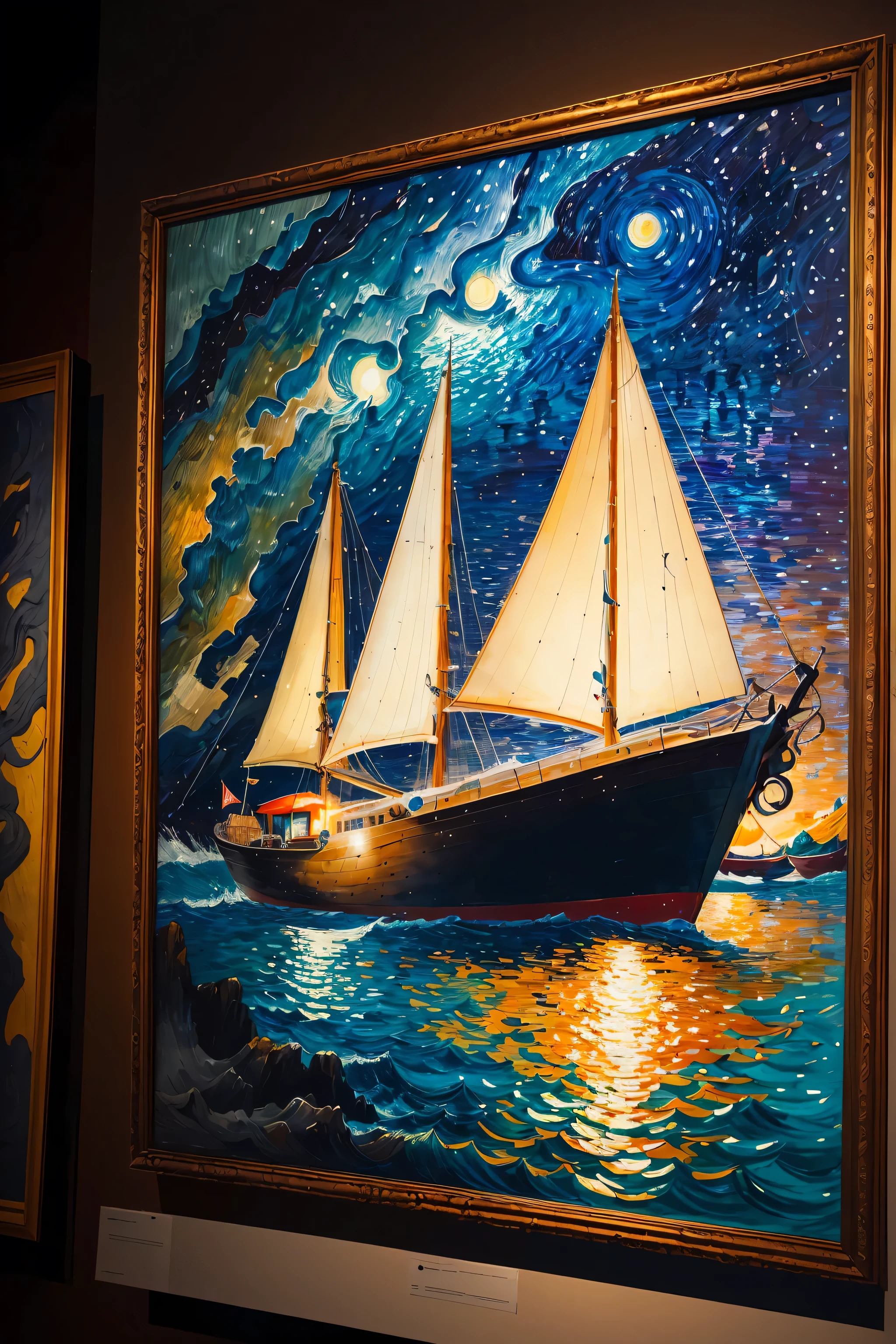 ((best quality)), ((masterpiece)), (detailed), intricate art, an island, surrounded by the ocean, with a boat nearby, illuminated by sunlight, vibrant colors, detailed painting style, Abstract, Vincent van Gogh