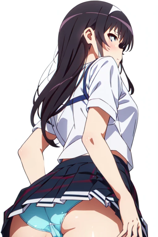 alone, One girl, View Viewer, 2D, anime, anime coloring, Upper Body, (Simple Background, White background:1.3), utaha kasumigaoka, (((Skirt flip, I can see your panties))),squat,From below,blush,Embarrassing, (( 指で膣を触ってMasturbationする)),Masturbation,orgasm,Love juice, 床にこぼれるLove juice, liquid splashing from girl, (( 指で膣を触ってMasturbationする)),Climax,Climax,Squirting,