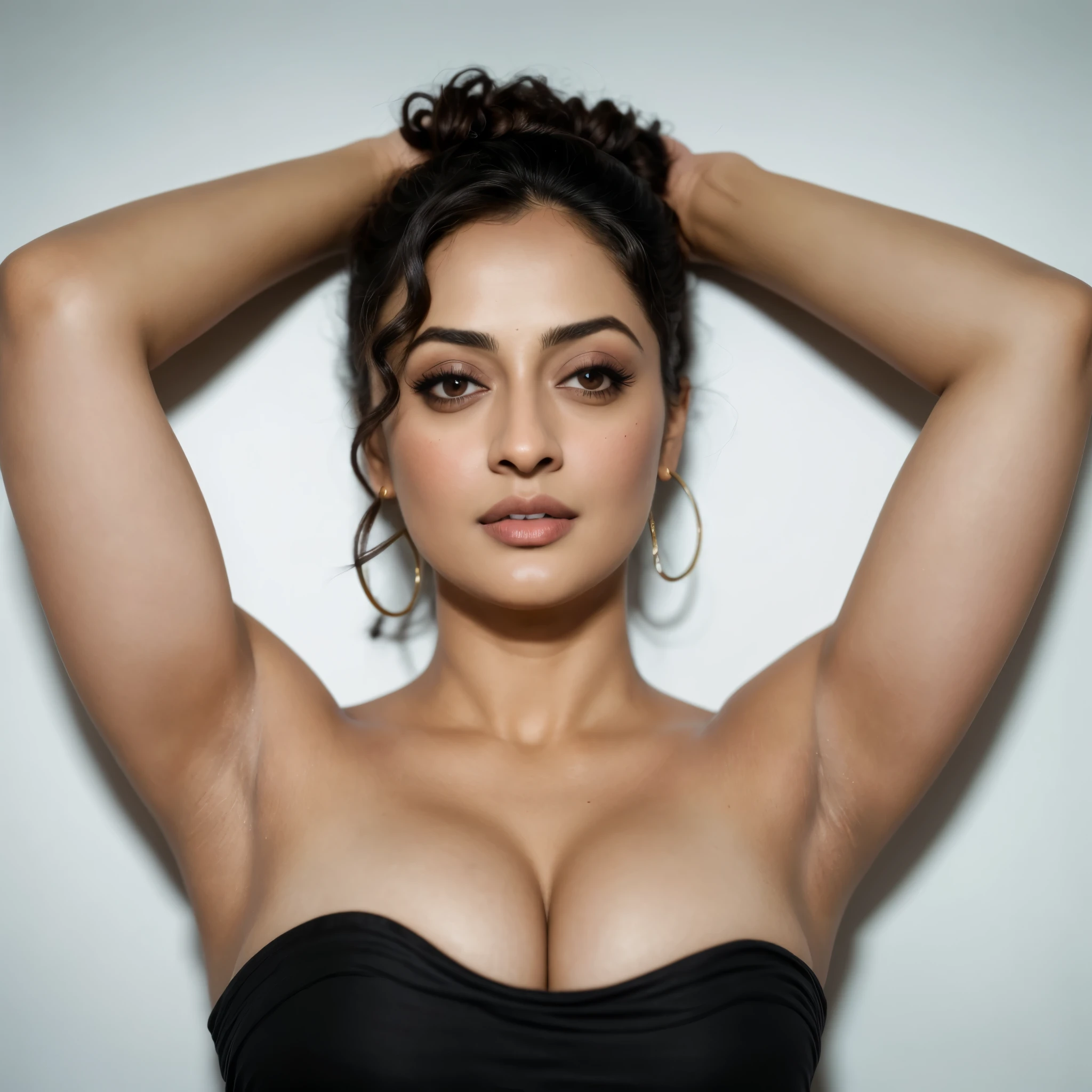 Looks like Sandeepa Dhar, a photo portrait of a beautiful girl 40 years old Woman, curvy hot mommy figure, fleshy figure, with curls, styled black hair, (face portrait:1.5), dramatic light, Rembrandt lighting scheme, bust shot, linen tank top , top quality editorial photograph, skin texture, skin pores, chocolate skin, high quality skin, top quality photography, professional photography, professional retouching, insane detailing, warm moody tones, modern clothes, highly detailed armpits, 