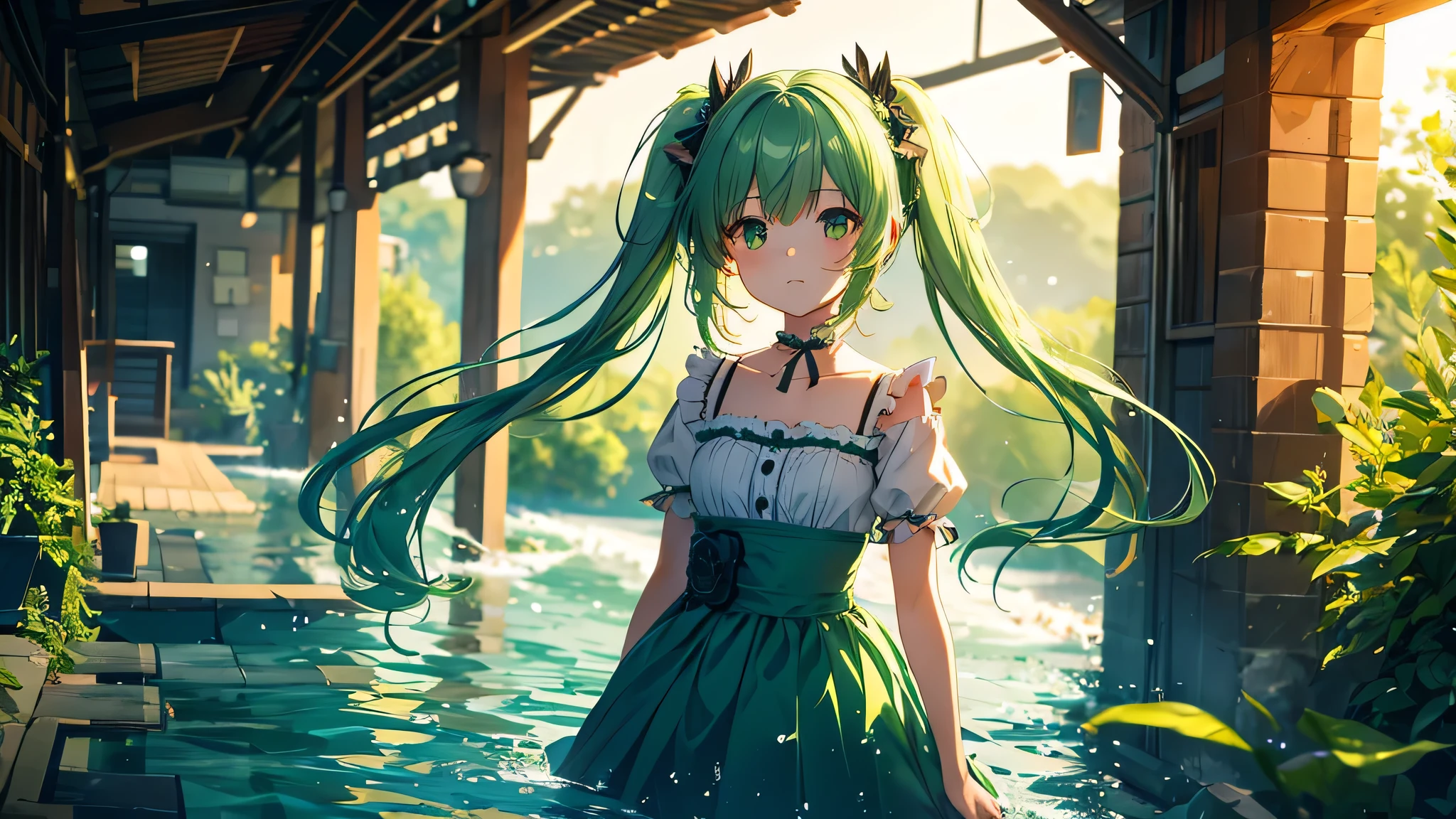 One girl, alone, hair ornaments, Green Hair, Twin tails, Long Hair, dress, water