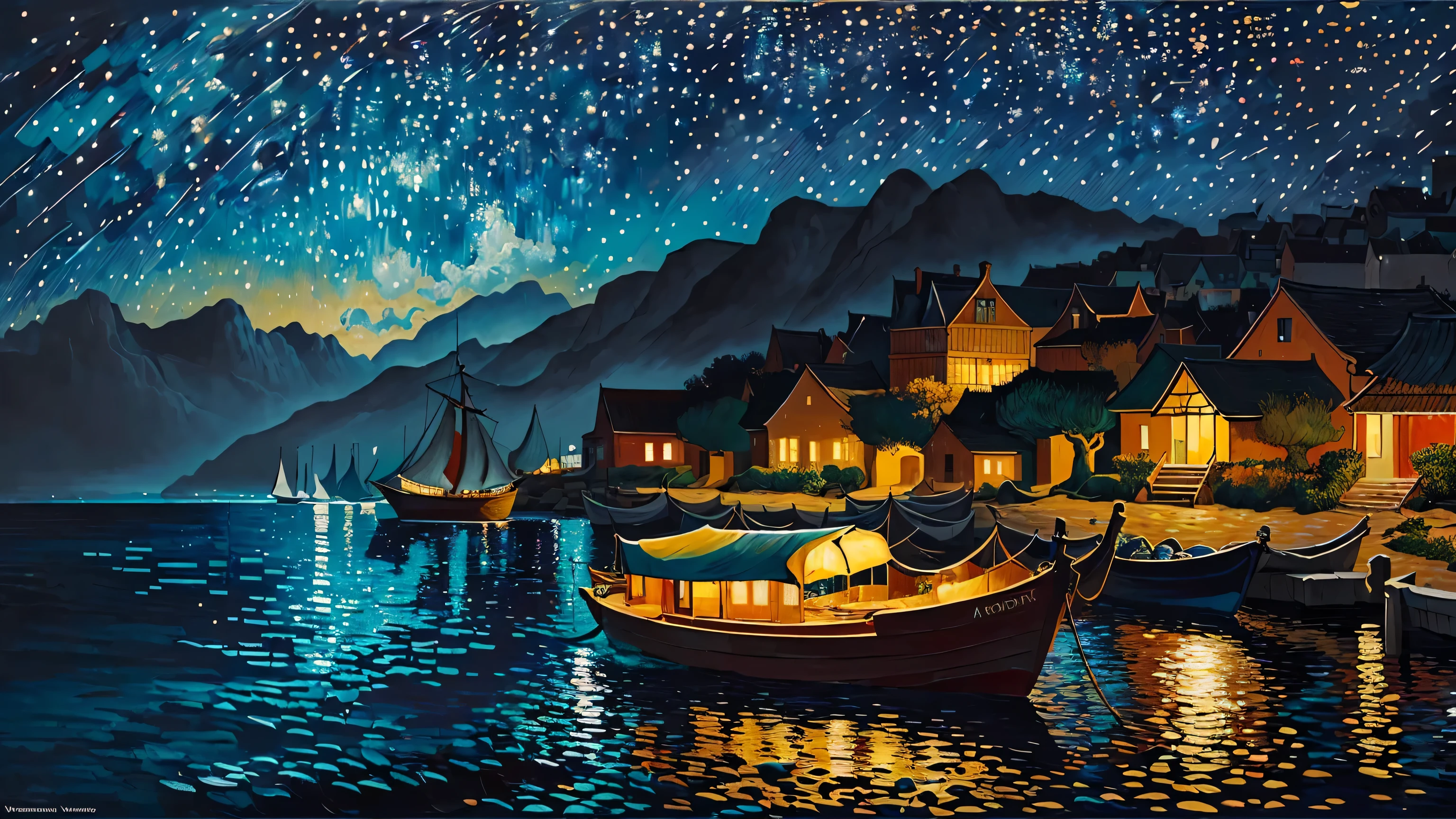 ((best quality)), ((masterpiece)), (detailed), intricate art, an island, surrounded by the ocean, with a boat nearby, illuminated by sunlight, vibrant colors, detailed painting style, Abstract, Vincent van Gogh