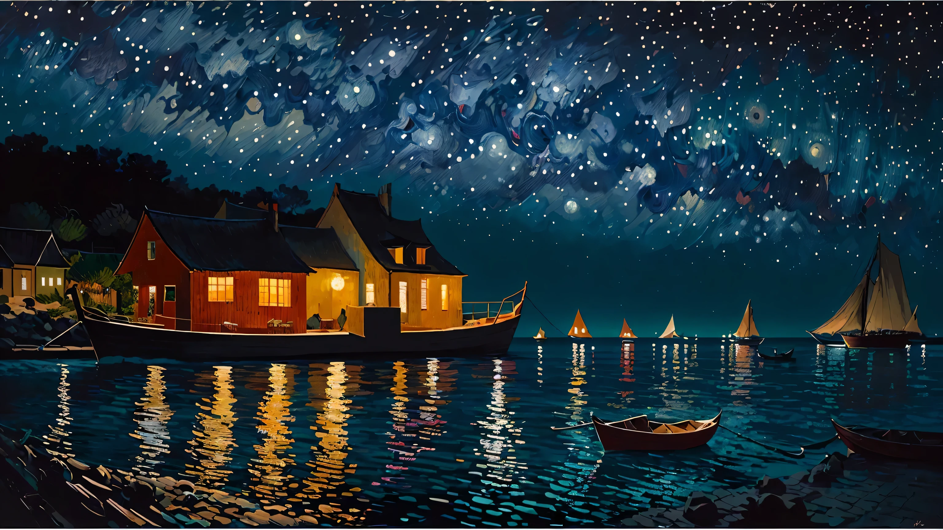 ((best quality)), ((masterpiece)), (detailed), intricate art, an island, surrounded by the ocean, with a boat nearby, illuminated by sunlight, vibrant colors, detailed painting style, Abstract, Vincent van Gogh