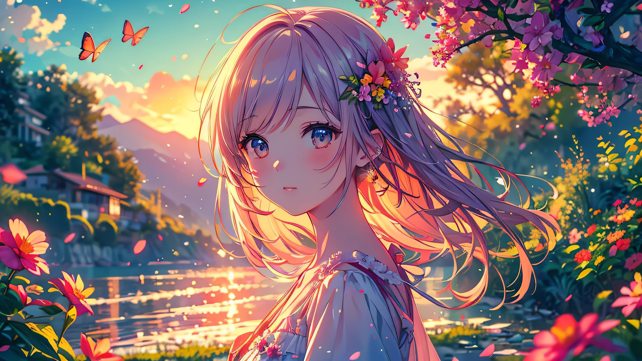 masterpiece, (highest quality), ((Most detailed)), Depth of written boundary, Beautiful girl, Beautiful Face, nature, Spirit, flower, Colorful landscapes, Flowers, butterfly, Glowing Dress, element