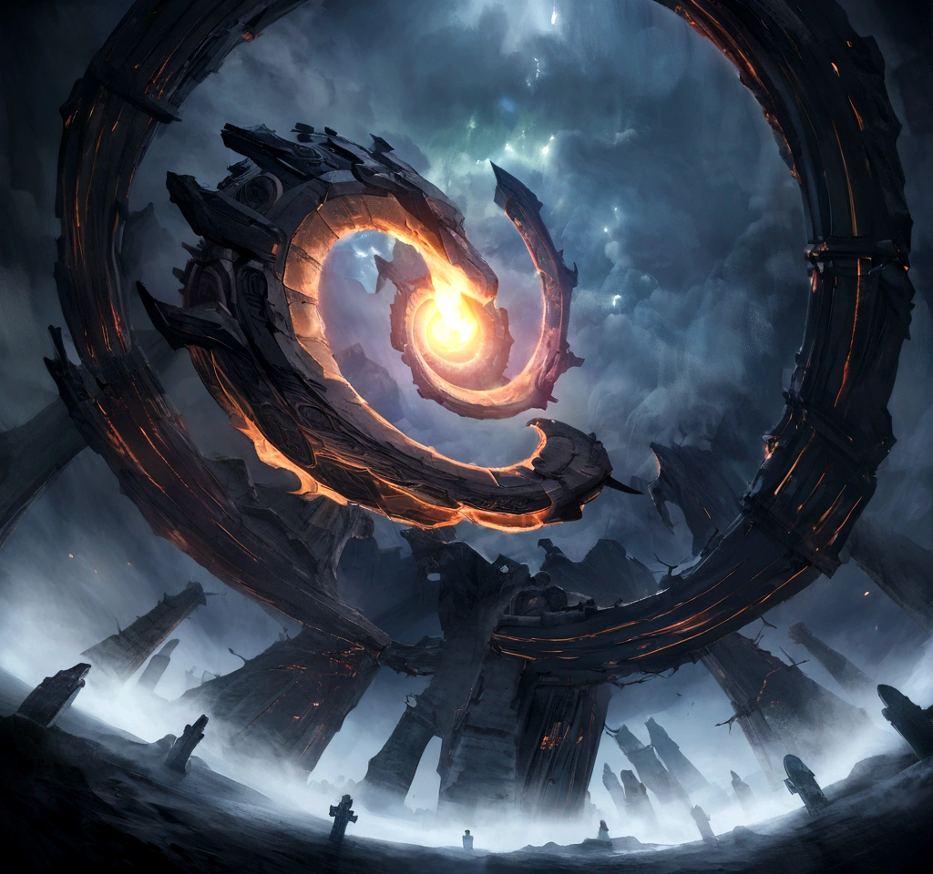 A photorealistic image of a swirling, fiery portal opening up in the middle of a dark, hell beyond the portal, foggy graveyard at night.