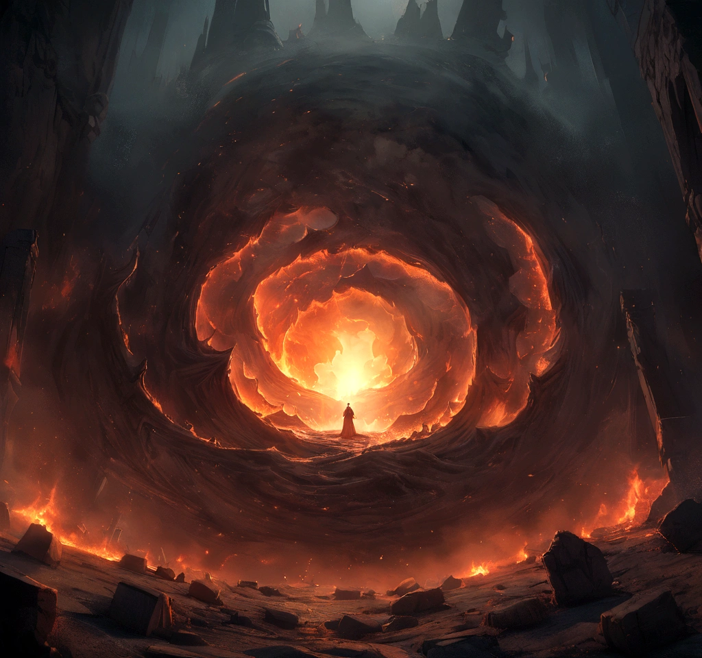 A photorealistic image of a swirling, fiery portal opening up in the middle of a dark, hell beyond the portal, foggy graveyard at night.