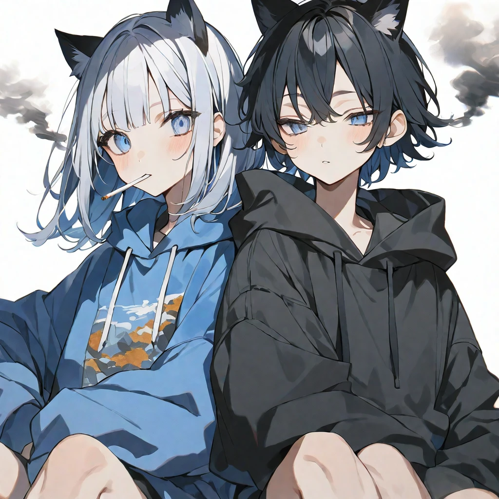 Female and male pair, Watercolor,
(1. Female,
Straight Hair,Long Hair, 
black color hair, Black cat ears,
Light blue eyes,Soft look,Drooping eyes,
White oversized パーカー,
skin,)

(1. male,
bangs,Straight Hair,short Hair, 
black color hair, 
Light blue eyes,Soft look,Drooping eyes,
blue oversized hoodie,
skin,)

They both smoke cigarettes,White background