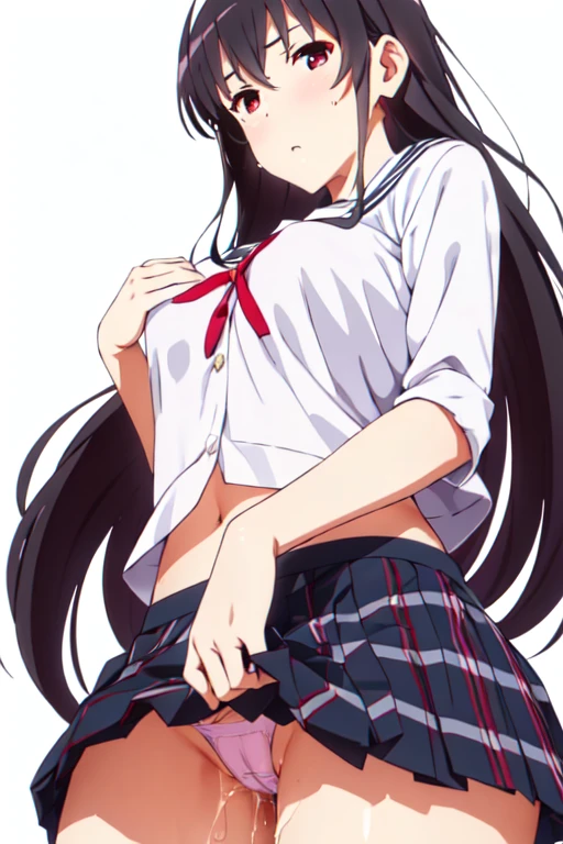 alone, One girl, View Viewer, 2D, anime, anime coloring, Upper Body, (Simple Background, White background:1.3), utaha kasumigaoka, (((Skirt flip, I can see your panties))),squat,From below,blush,Embarrassing, (( 指で膣を触ってMasturbationする)),Masturbation,orgasm,Love juice, 床にこぼれるLove juice, liquid splashing from girl, (( 指で膣を触ってMasturbationする)),Climax,Climax,Squirting,