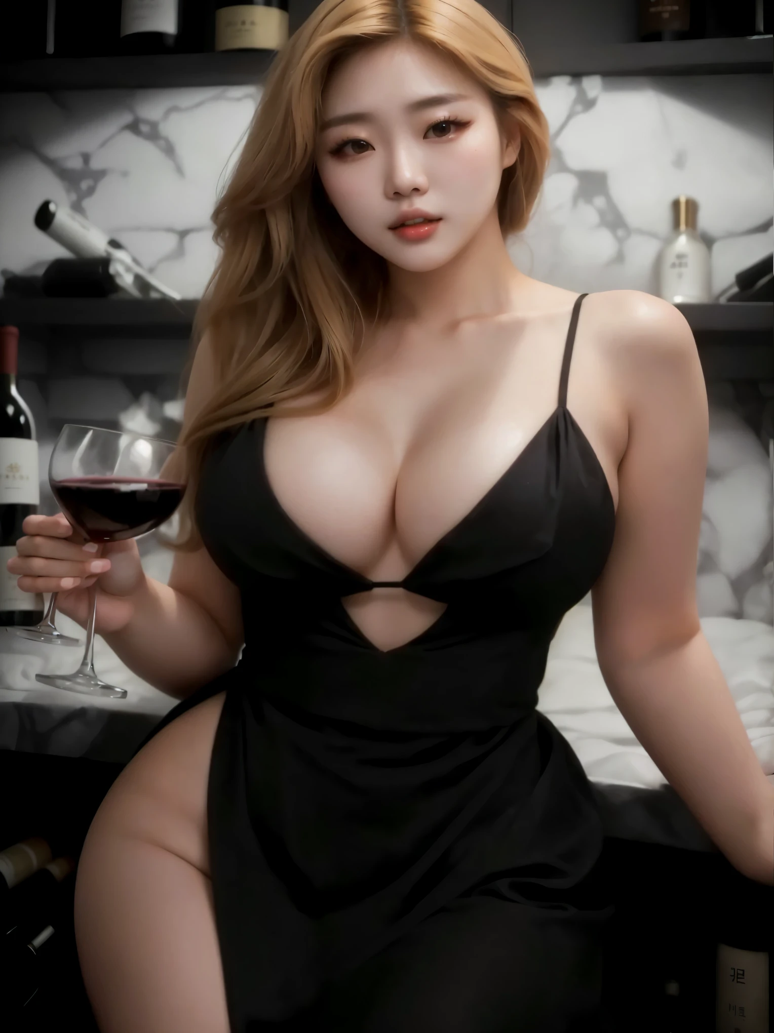 un primer plano de una mujer con un vestido negro sosteniendo una copa de vino, vestido sexy, chica coreana, hermosa joven coreana, hermosa mujer surcoreana, diosa japonesa, mujer coreana, sostiene una copa de vino, con una bebida, chica sexy, hermosa Asian girl, hermosa joven coreana, atuendo apretado, Asian girl, she is wearing a black dress KOREAN KOREAN serious sexy face LONGER HAIR BLONDE BLONDE BLONDE Thinner face and thinner body