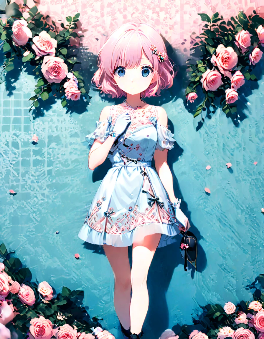 A cute illustration of an anime girl in white dress and black shoes walking towards us, holding a small handbag with roses pattern on the front cover page. The background is blue striped wallpaper with pastel pink flowers and large floral patterns scattered around her. She has short hair styled to one side, wearing delicate gloves and standing next to several elegant bags. There's also text at top that reads "Fantasista" --ar 3:4 --niji 6