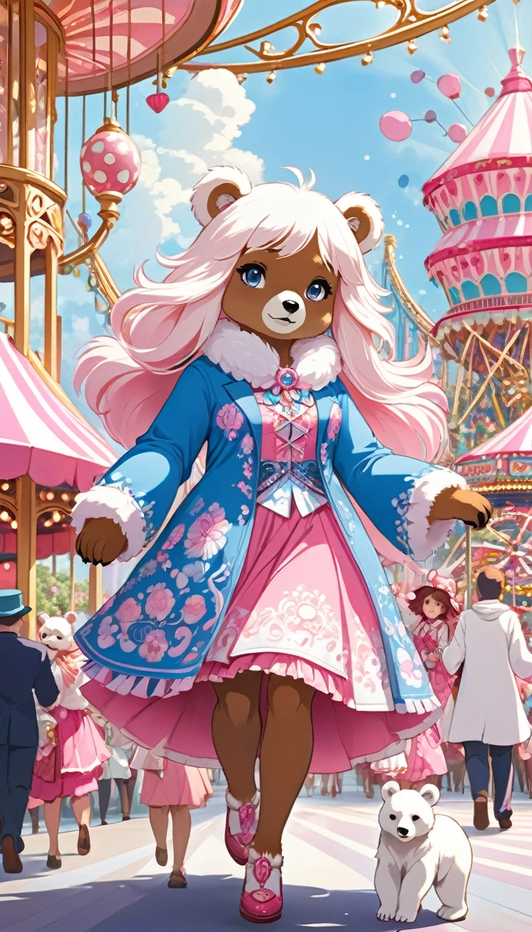 Anime Art Style: The scene is rendered in the charming and intricate anime style, with clean lines and vibrant colors that bring the fantasy world to life. A beautiful furry white anthro bear woman: wandering amidst the hustle and bustle of the amusement park, Her fur, soft and fluffy, is speckled with delightful pink details, adding a playful touch to her ethereal appearance. The anthro bear woman is dressed in a stylish and unique ensemble, wearing a beautiful blue and pink outfit printed with intricate skull and bone designs.
