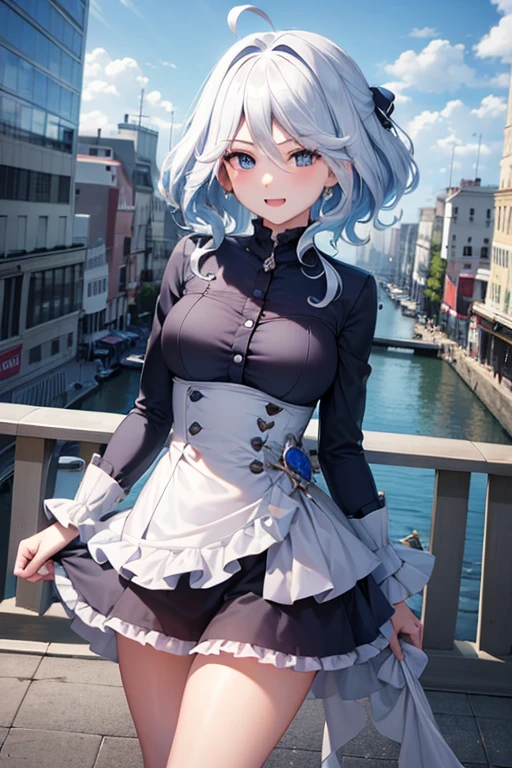 (highest quality,4K,High resolution,masterpiece:1.2),Very detailed,Beautiful details, age body,Expressions of joy,Furina character, 16-ynager, Happyion,Walking around the city, Shiny Hair,brake