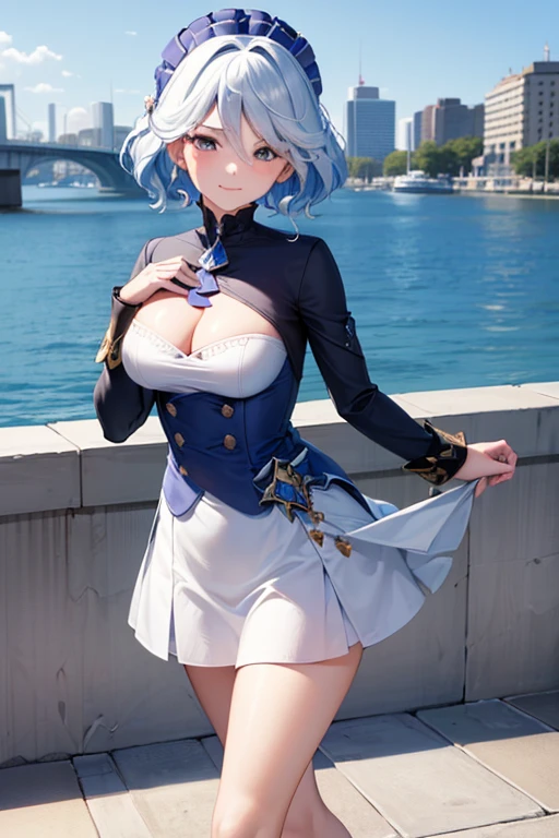(highest quality,4K,High resolution,masterpiece:1.2),Very detailed,Beautiful details, age body,Expressions of joy,Furina character, 16-year-old teen, Happy expression,Walking around the city, Shiny Hair,brake