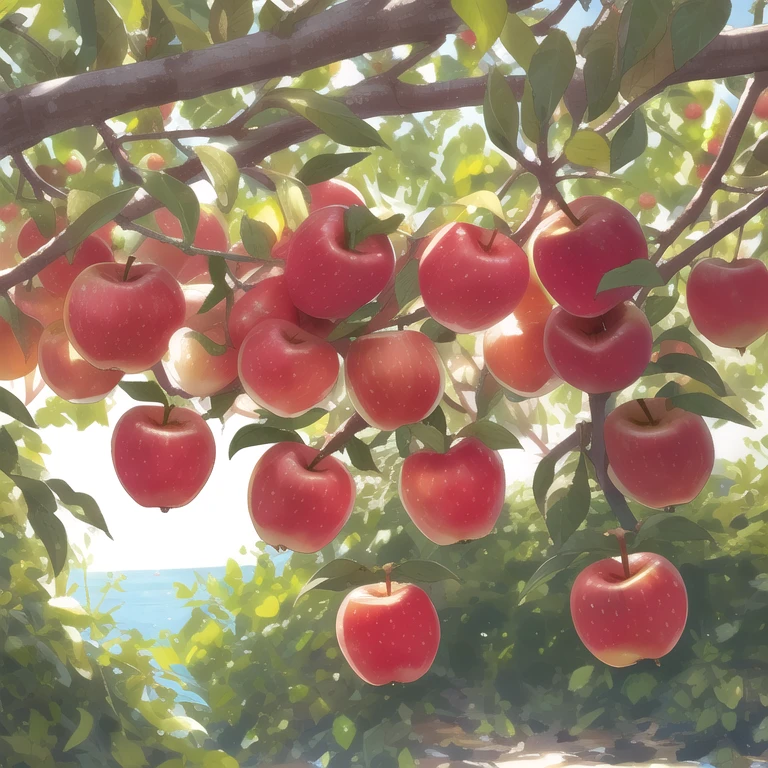 Vivid images of fresh, juicy apples appear on the screen, rodeadas de un ambiente natural y brillante.