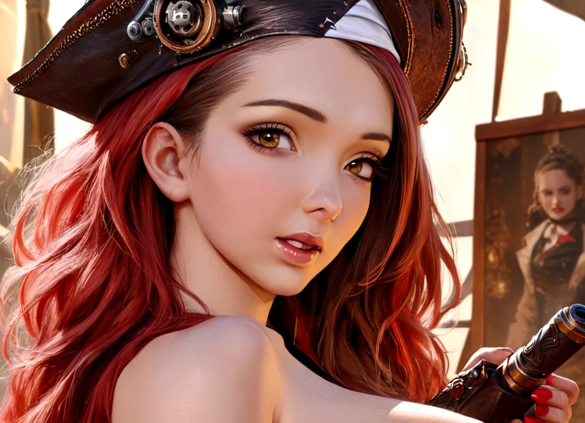 a cute woman sky pirate, sexy over exposed pirate outfit, sword pistol at side, pirate hat, red themed steampunk airship, crew, best quality, 4k, 8k, highres, masterpiece:1.2, ultra-detailed, realistic, photorealistic, photo-realistic:1.37, HDR, UHD, studio lighting, ultra-fine painting, sharp focus, physically-based rendering, extreme detail description, professional, vivid colors, bokeh, portraits, steampunk