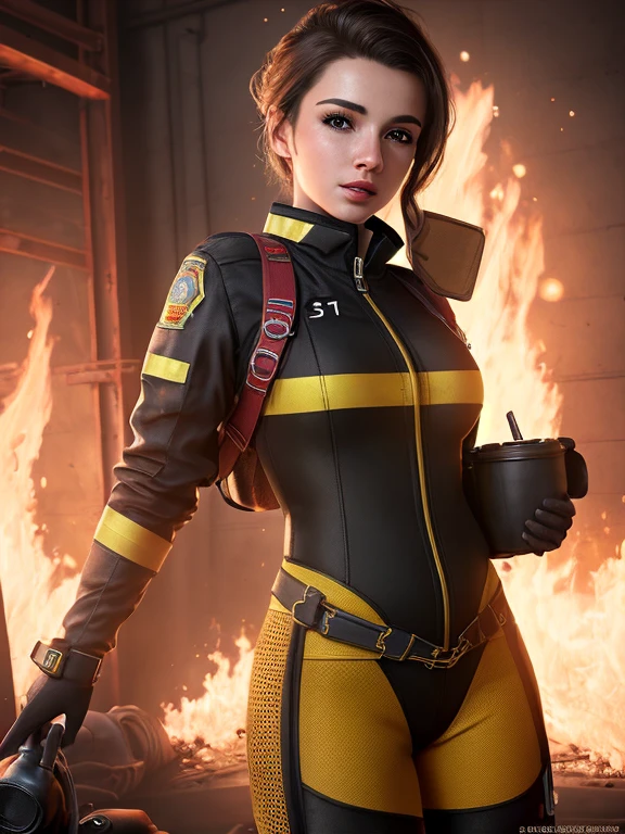 nsfw, realistic photo of 18 year old gorgeous firefighter 1girl wearing sexy firefighter outfit, baggy protective clothing, 4k, 8k, HDR, depth of field, bokeh, ultra detailed, skin-tight outfit suit, (designs on outfit to accentuate her feminine figure:1), inspired by fallout 4 vault suit, blazing fire in the background,