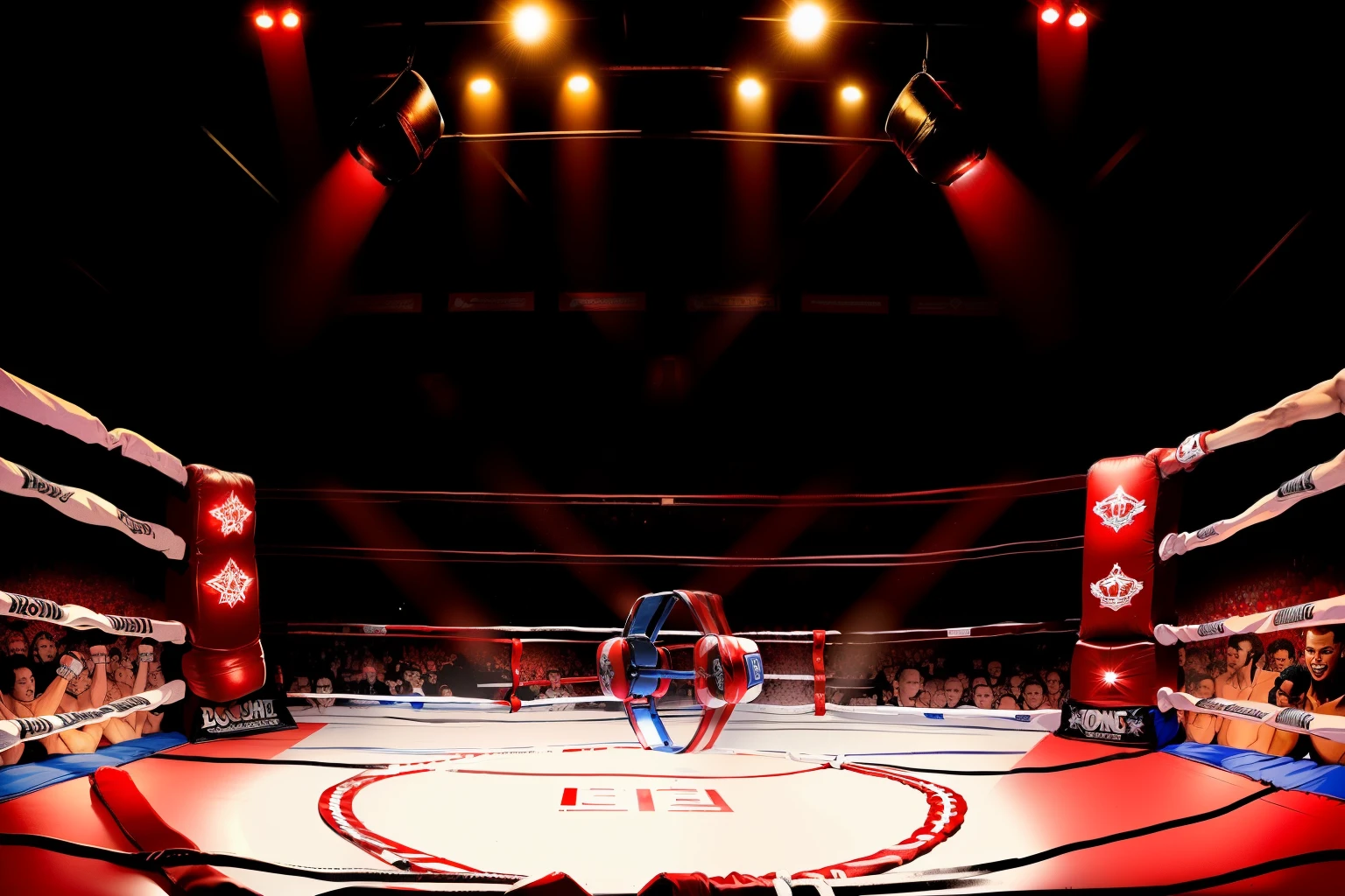 boxe ring with red and white ropes and lights and a red and white ring, boxe ring,