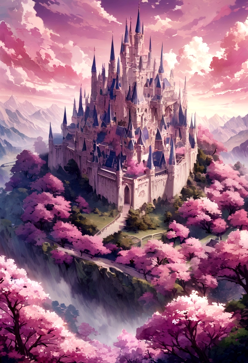 beautiful white and pink fantasy castle in a background with pink clouds of various shades, you can see a forest surrounding the castle with pink trees similar to cherry trees, there are several purple and pink bushes of various shades around the forest.