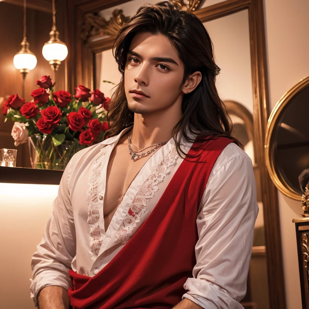(absurdos, high resolution, ultra detallado), 1 male, hombre, cabello largo Elegante, chico alto y musculoso, rosas rojas y rosadas a su alrededor, Jeweler&#39;s, A man standing comfortably on his back in the roses, Desde directamente arriba, (Camisa blanca, vaqueros azules), gorgeous, wet, model pose, vistoso, artistic, profundidad de campo, Focus on your calm facial features, aspecto elegante, sofisticado 